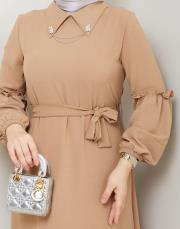 yaka detaylı elbise asm244 bej