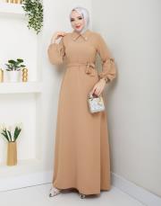 yaka detaylı elbise asm244 bej 3