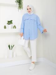 cep ve manşet detaylı zincirli yazlık tunik asm2068 buz mavisi